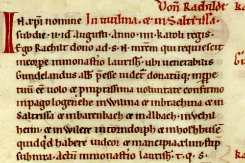 Ausschnitt aus dem Lorscher Codex; Quelle: Staatsarchiv Würzburg; StAWü Mainzer Bücher verschiedenen Inhalts Nr. 72 Folio 189